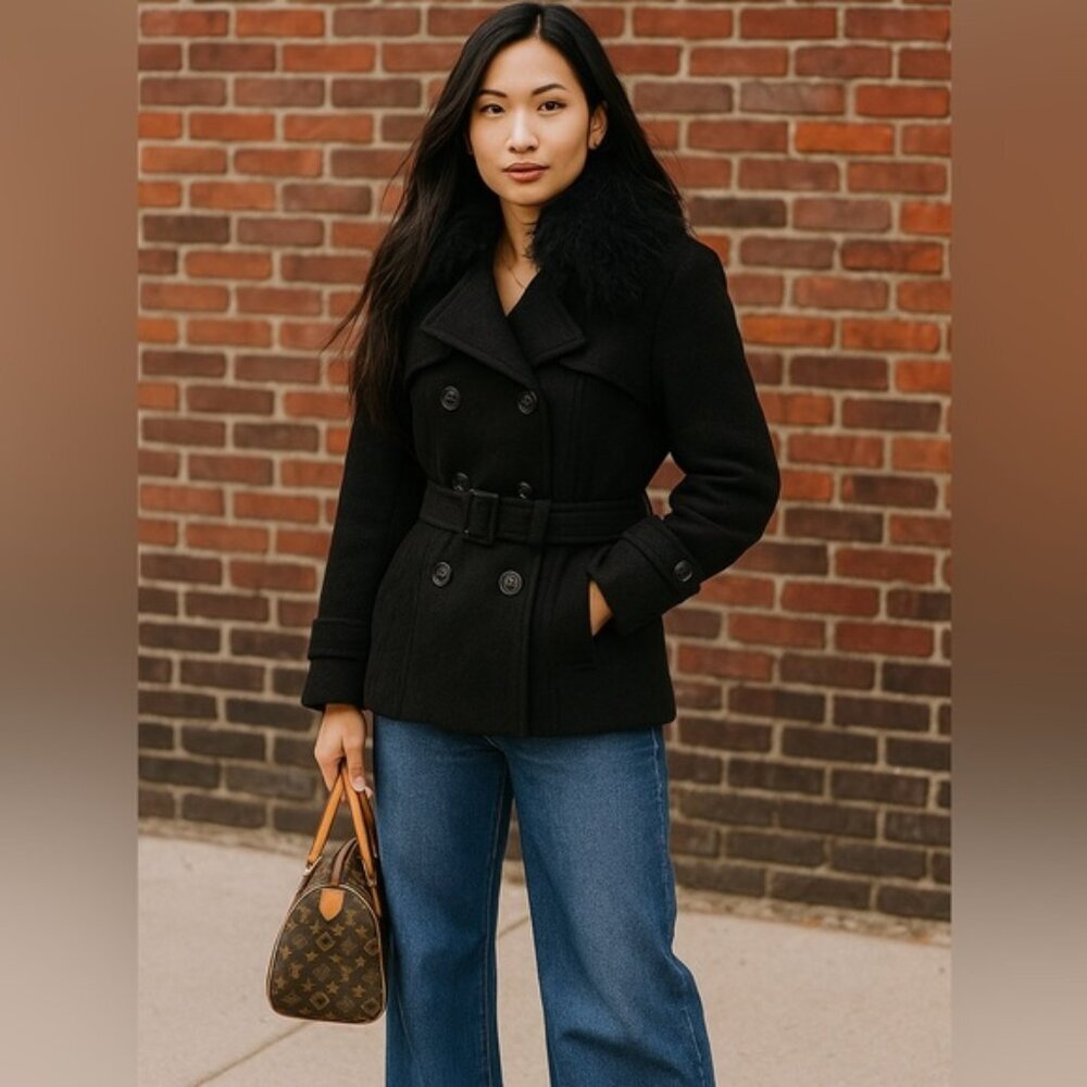 2 Xpose Boucle Pea Belted Coat Removable Fur Collar Pockets Texture Wool Short L